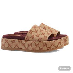New & Authentic GUCCI Angelina Logo Canvas Flatform Slides